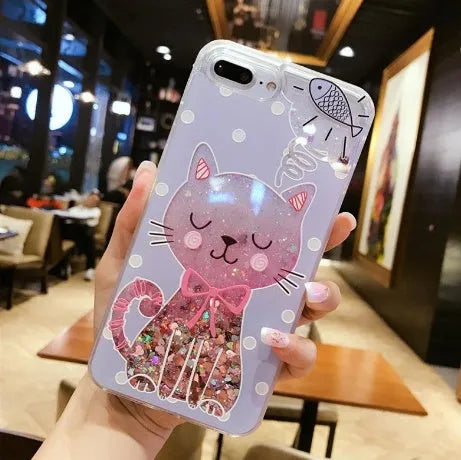 Colourful glitter cat phone case on an iPhone, showing one of four available feline designs.