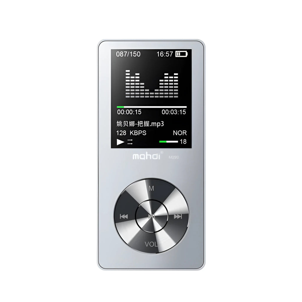 Gold, silver, and black all-metal MP3 player with 1.8-inch screen showing menu.