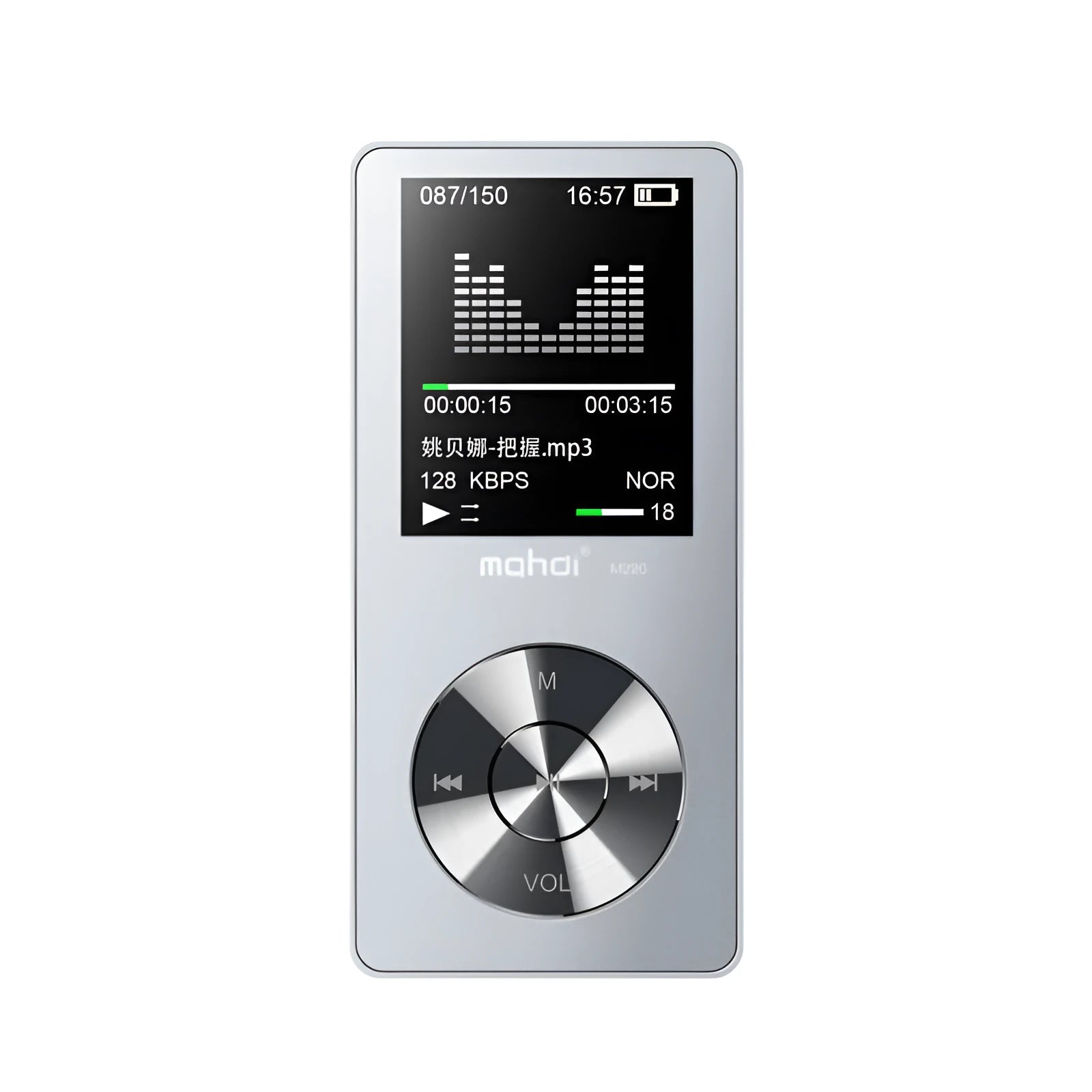 Gold, silver, and black all-metal MP3 player with 1.8-inch screen showing menu.