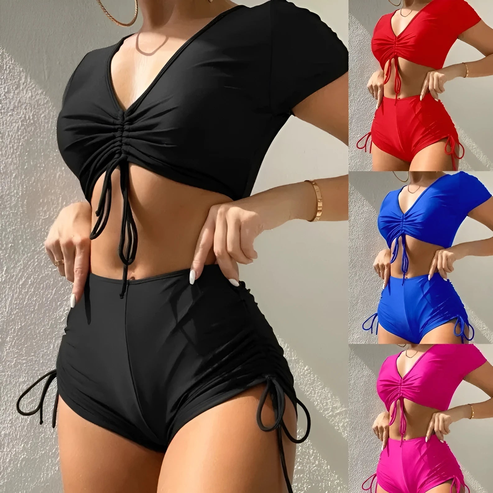 Women's lace-up bow swimsuit in polyester with front adjustable design and decorative bow