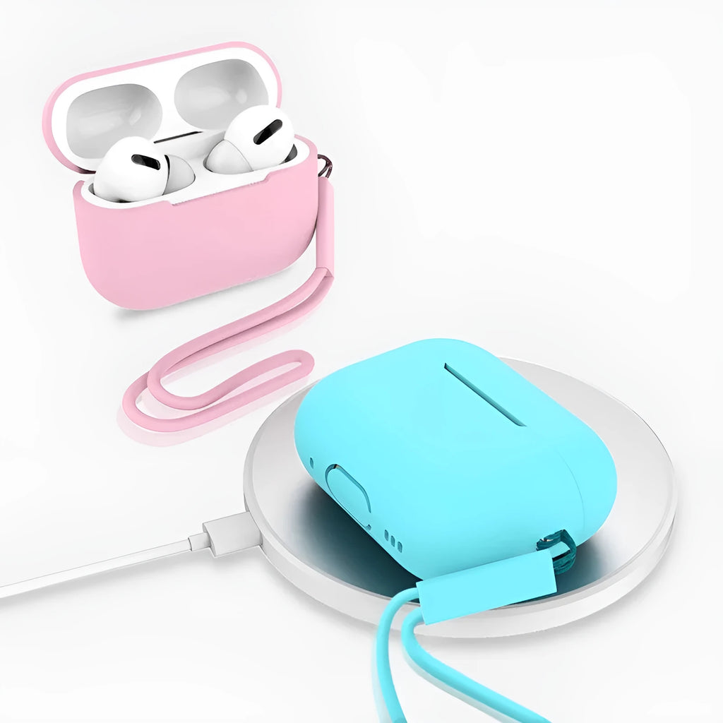 Silicone protective case cover for AirPods Pro 2 with attached lanyard, solid colour finish, 65x52x26mm