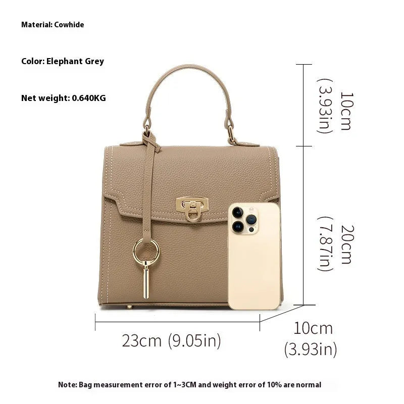 Elephant grey genuine leather crossbody handbag with litchi pattern texture and vintage lock hardware