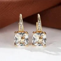 Square geometric ear hooks with round zircon inlays in gold, platinum, or rose gold finish