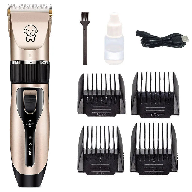 Dog shaver with titanium ceramic blade, rechargeable lithium battery, guide combs, and charger on a white background