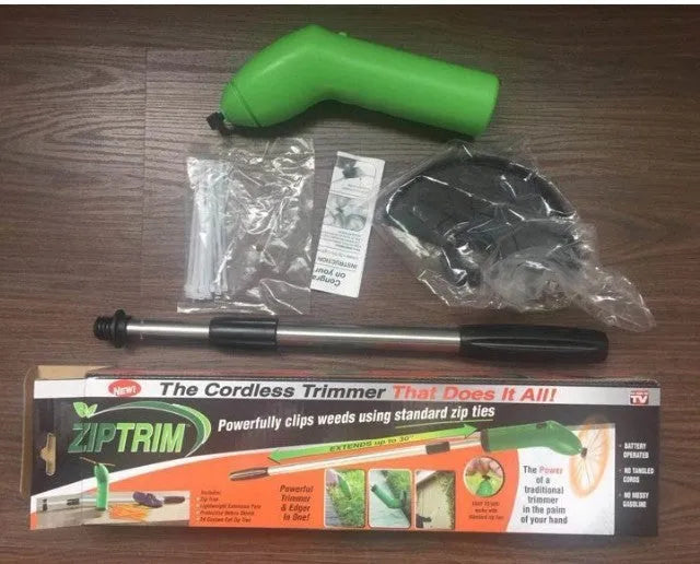 Cordless lawn trimmer with extension pole and protective debris shield for garden maintenance