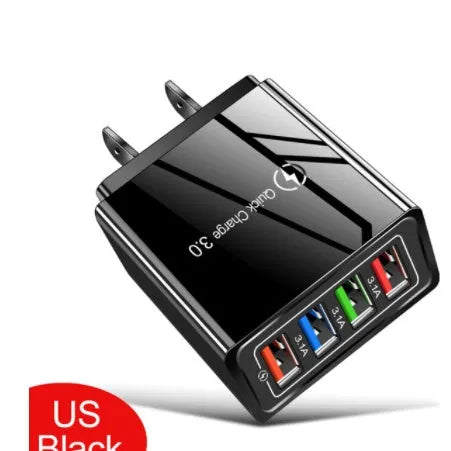 Dark Blue 4-port USB mobile phone charger with EU plug, showing dimensions and USB ports.