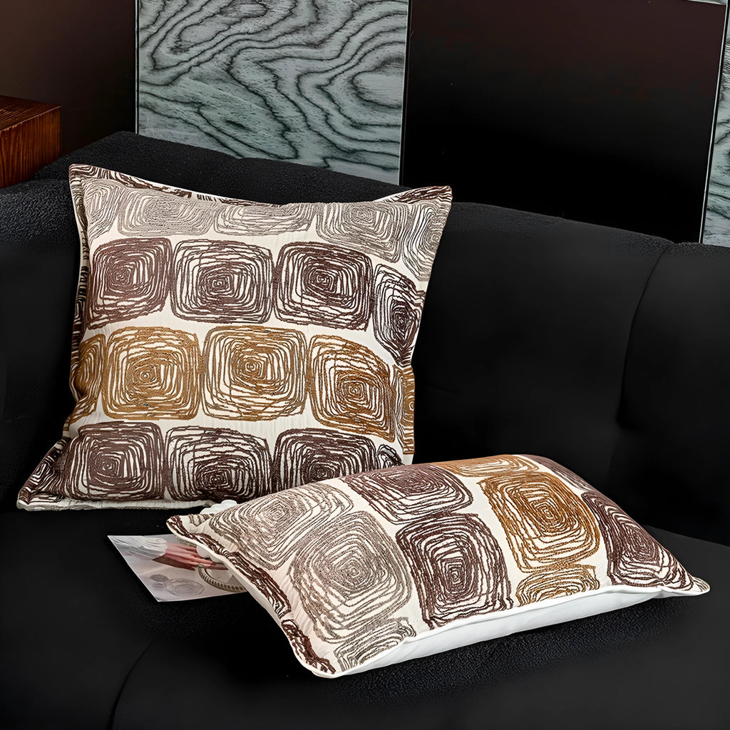 Cream and coffee-coloured abstract coil pattern pillow cover set with square and rectangular options