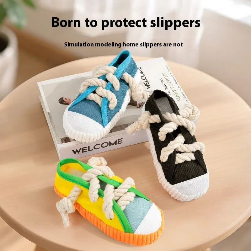 Plastic dog slippers chew toy with self-hi sound in yellow, black or blue colour options