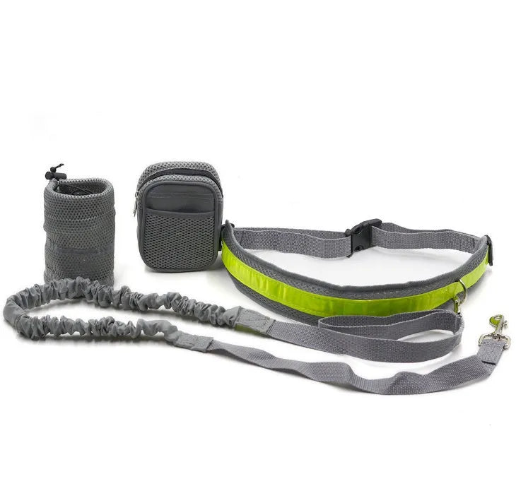 Adjustable hands-free dog leash set with 144cm nylon rope, 78-110cm waist belt, waist bag, and sundries bag