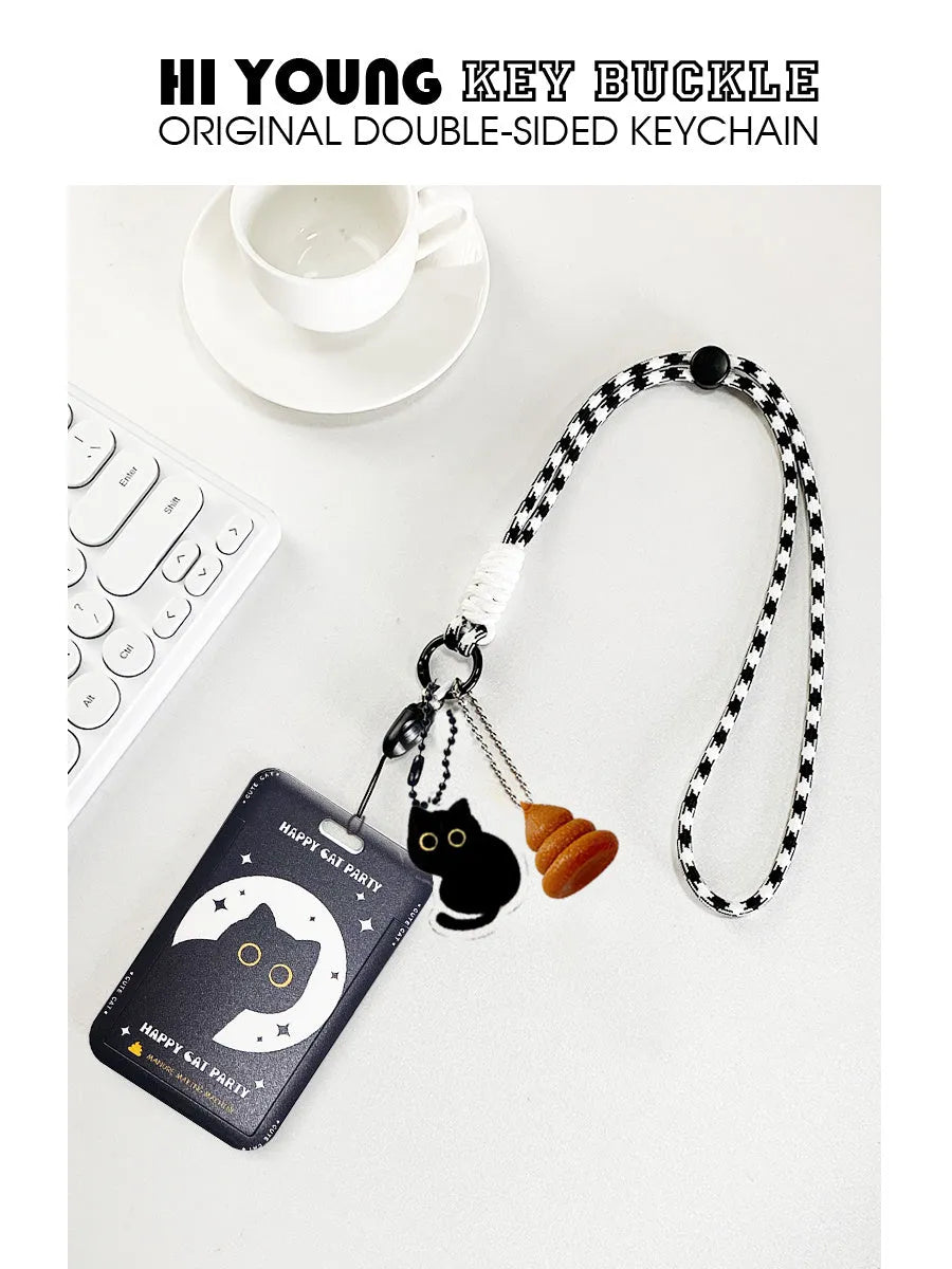 Little black cat cartoon design plastic card holder sleeve with metal split ring keychain.