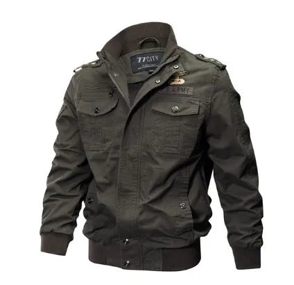 Plus size bomber military jacket for men in cotton washed finish with zip and button closure, available in 5XL and 6XL