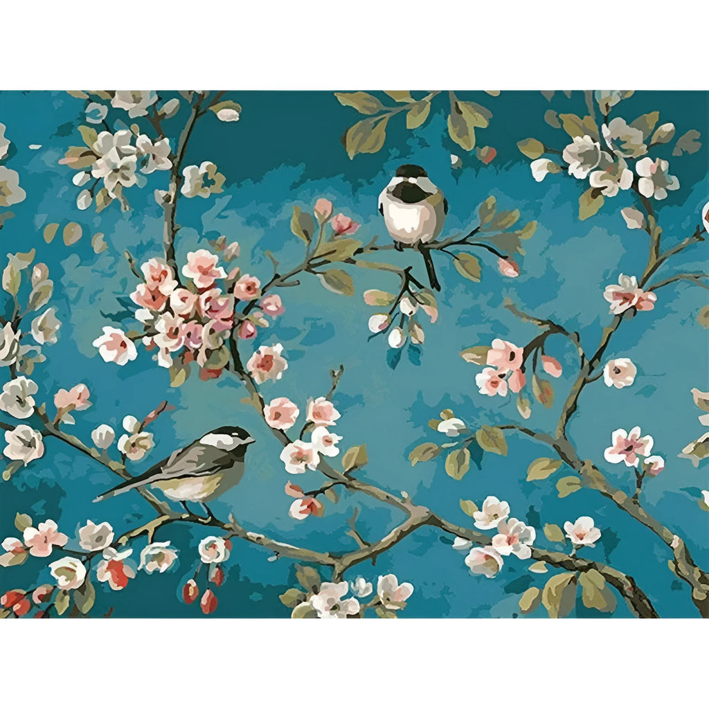 Hand-painted blue floral and bird oil painting on linen canvas 40x50 cm without frame