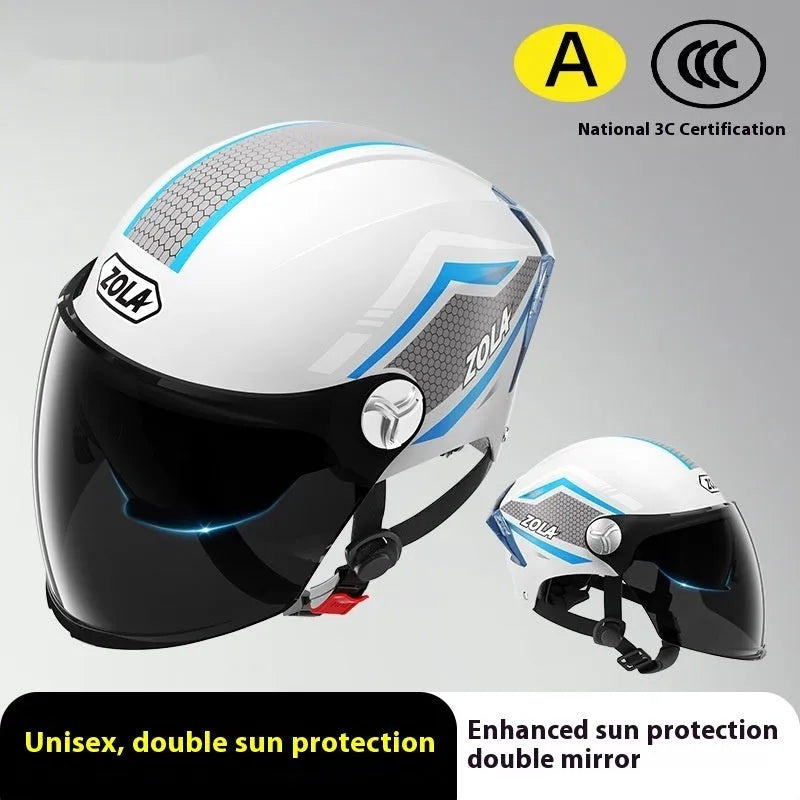 Light brown universal motorcycle half helmet with double mirror sun visor on handlebars.