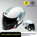 Light brown universal motorcycle half helmet with double mirror sun visor on handlebars.