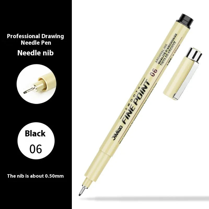 Waterproof needle pen with hand-drawn cartoon syringe design, black ink, 133mm length.