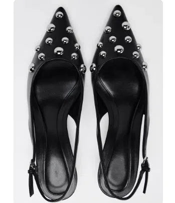Women's black low-cut pointed-toe wedge stiletto heels with rivet decoration and slip-on design