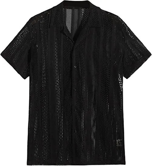 Man wearing a black knitted short-sleeved button shirt with a jacquard pattern, cardigan style.