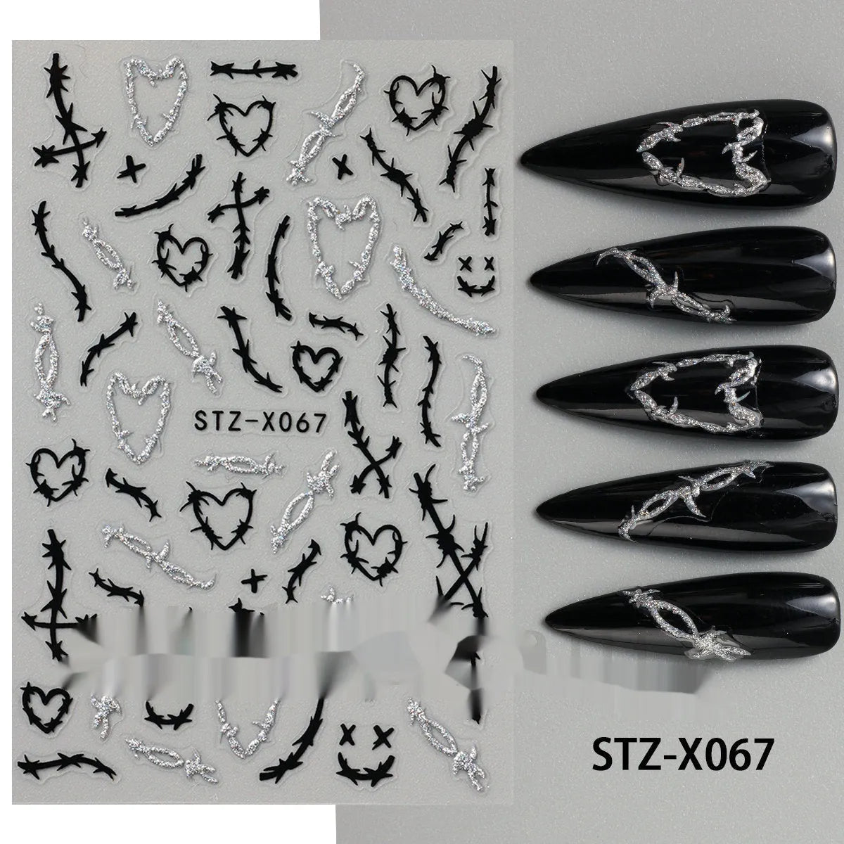 Cartoon-themed nail art sticker sheet with black and silver strip patterns and love motifs