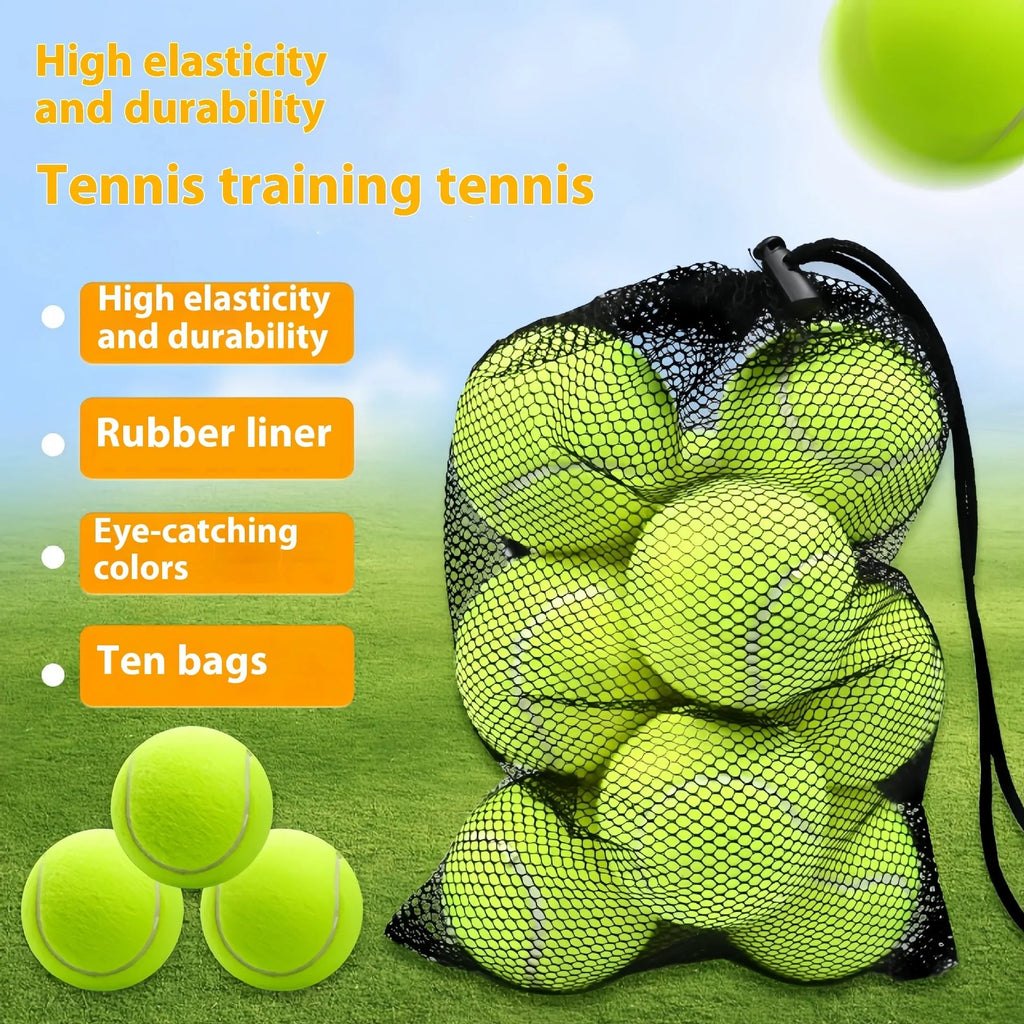 Pack of 10 high-elastic training tennis balls in multi-colour chemical fibre construction