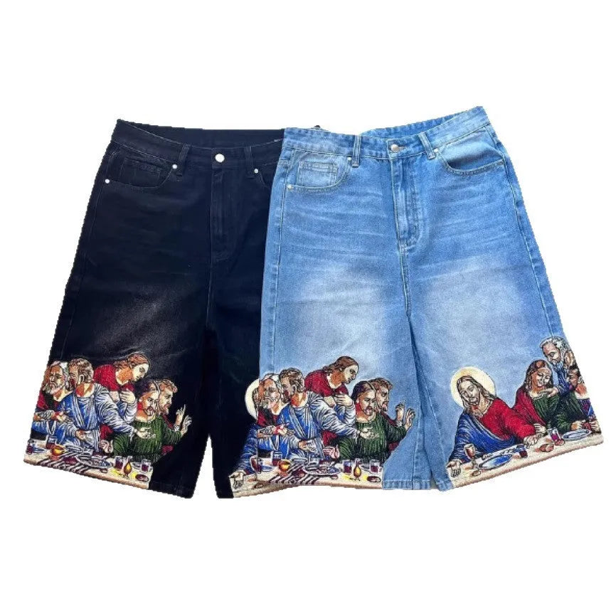 Blue men's tapered cotton shorts with a Jesus design printed on the back pocket.