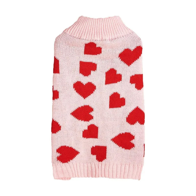 Acrylic dog sweater with decorative bow and love heart designs in red and pink colour options