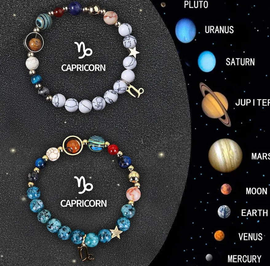 Two natural stone beaded bracelets with zodiac sign designs and adjustable string closures