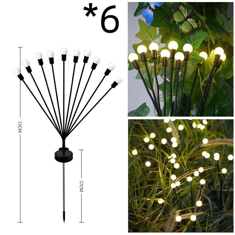Solar-powered LED firefly ground lamp with multiple light heads for garden pathway illumination