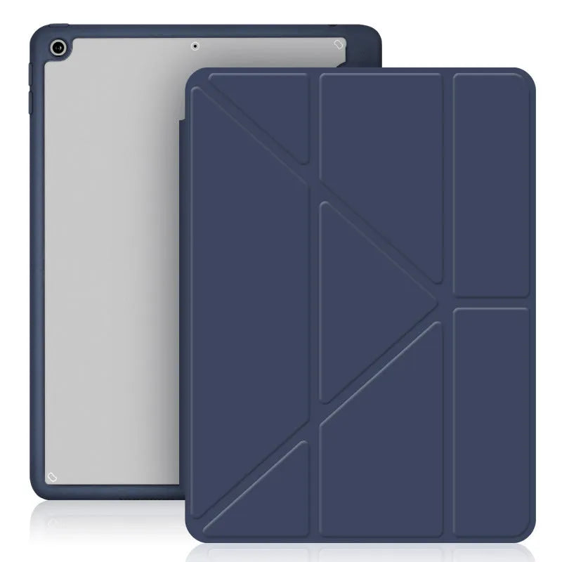 iPad foldable stand case in imitation leather with Y-fold design and Apple Pencil slot.
