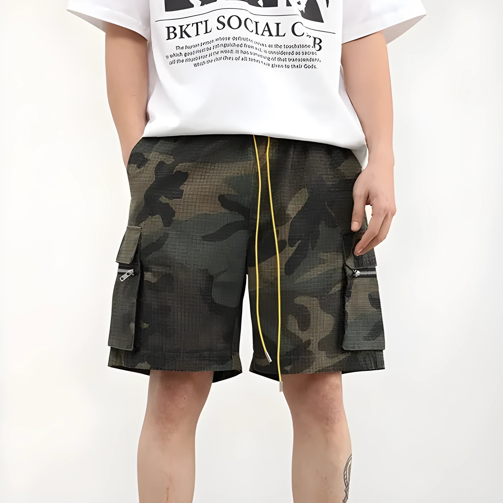 Men's camouflage pattern work shorts with multiple pockets, cropped length, and mid waist design