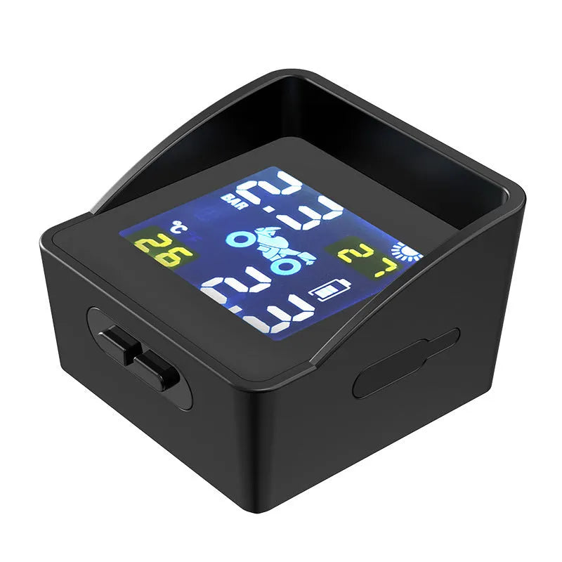 Black solar motorcycle tire pressure monitor with digital display and PC casing, 0.1-6.0BA range