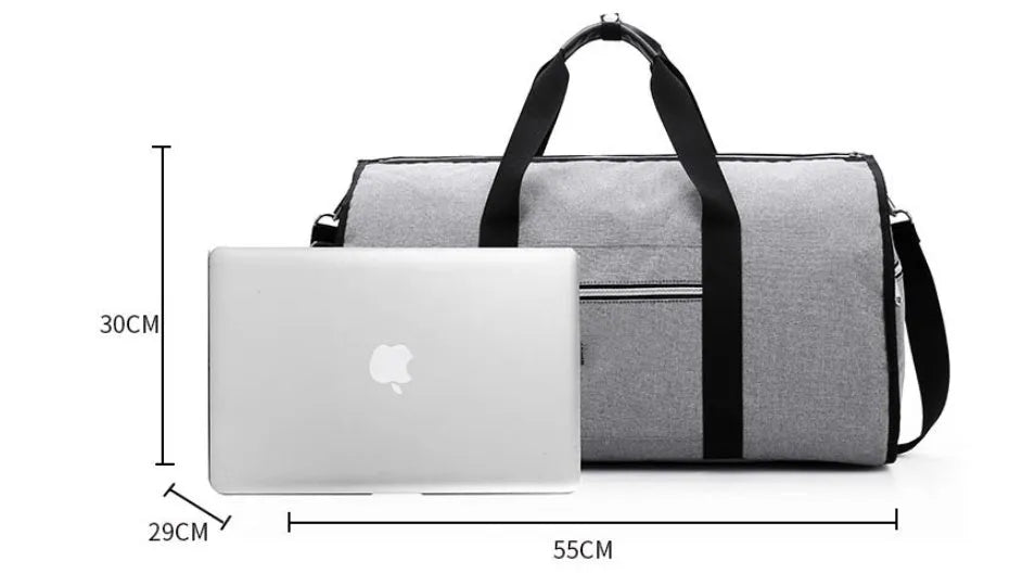 Medium cylinder-shaped travel duffle bag in black, made from Oxford cloth with a top zipper.