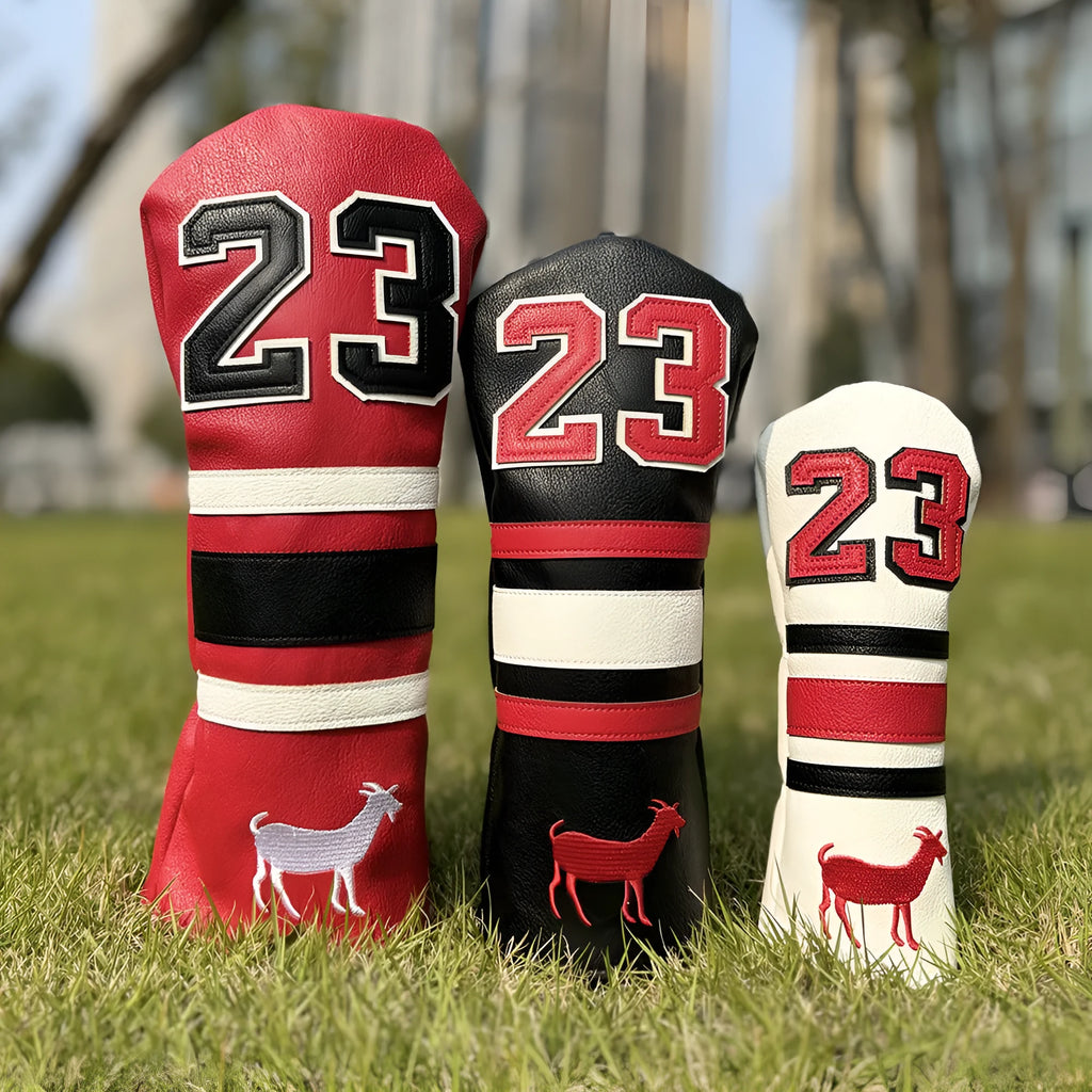 PU golf club sleeve for wooden pole sets in red, black, white, or yellow colours.
