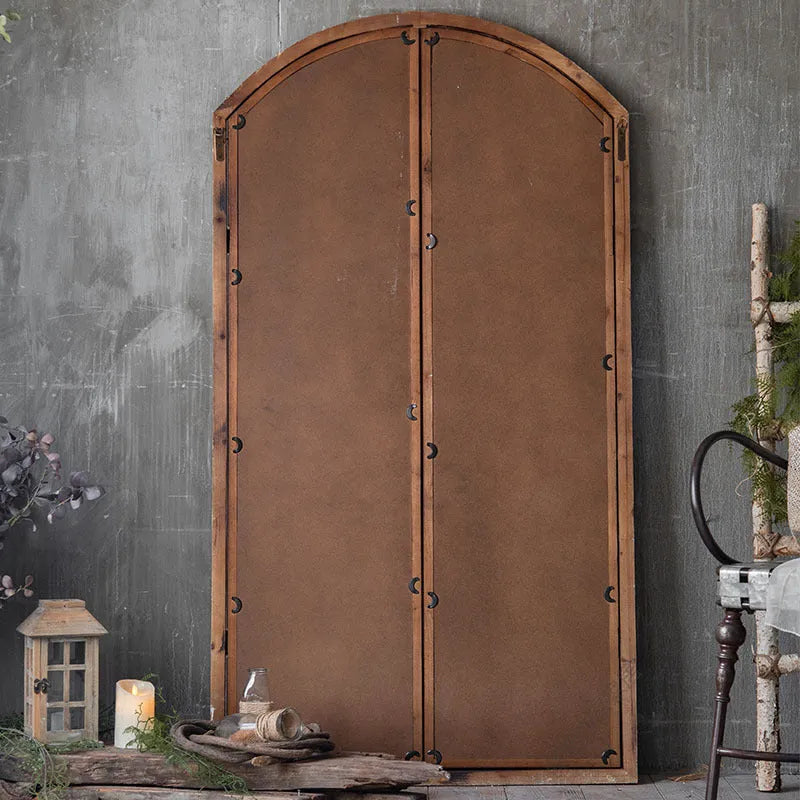 Terrace distressed fake window wall mirror with log colour wooden glass frame and clear mirror panel