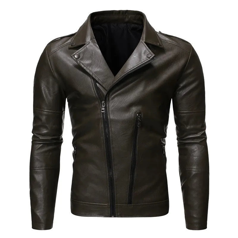 Loose fit pigskin leather motorcycle jacket with zipper front in khaki colour, available in sizes M to 4XL
