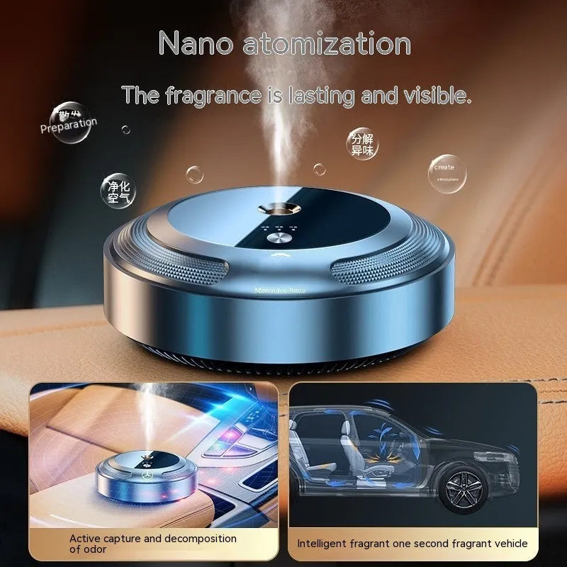 Automatic car air freshener with zinc alloy shell showing 89x35mm dimensions and included fragrance solutions