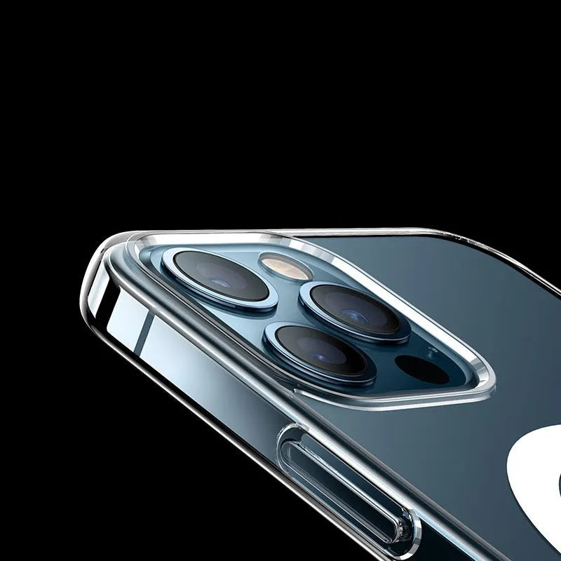 Transparent magnetic back cover case for iPhone showing integrated magnet ring and precise cutouts.