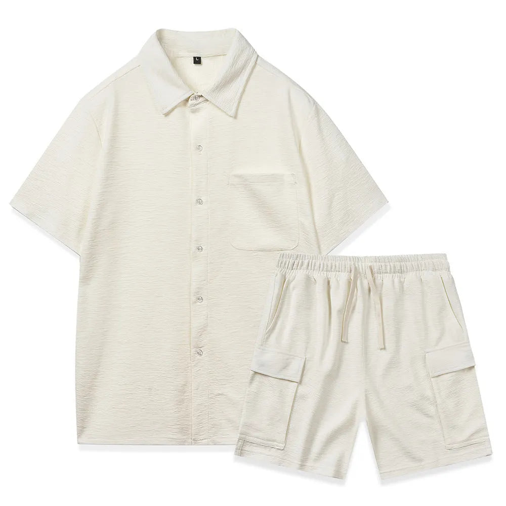 Casual two-piece clothing set with a short sleeve top and elastic waist shorts in beige.