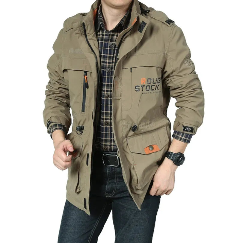 Men's spring thin jacket with hood and stand collar in black, waterproof nylon shell, available in sizes M to 4XL