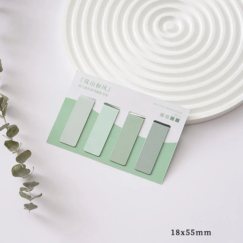 Four magnetic Morandi colour block bookmarks showing soft evening breeze, Lanshan breeze, gentle twilight, and quiet distance colours