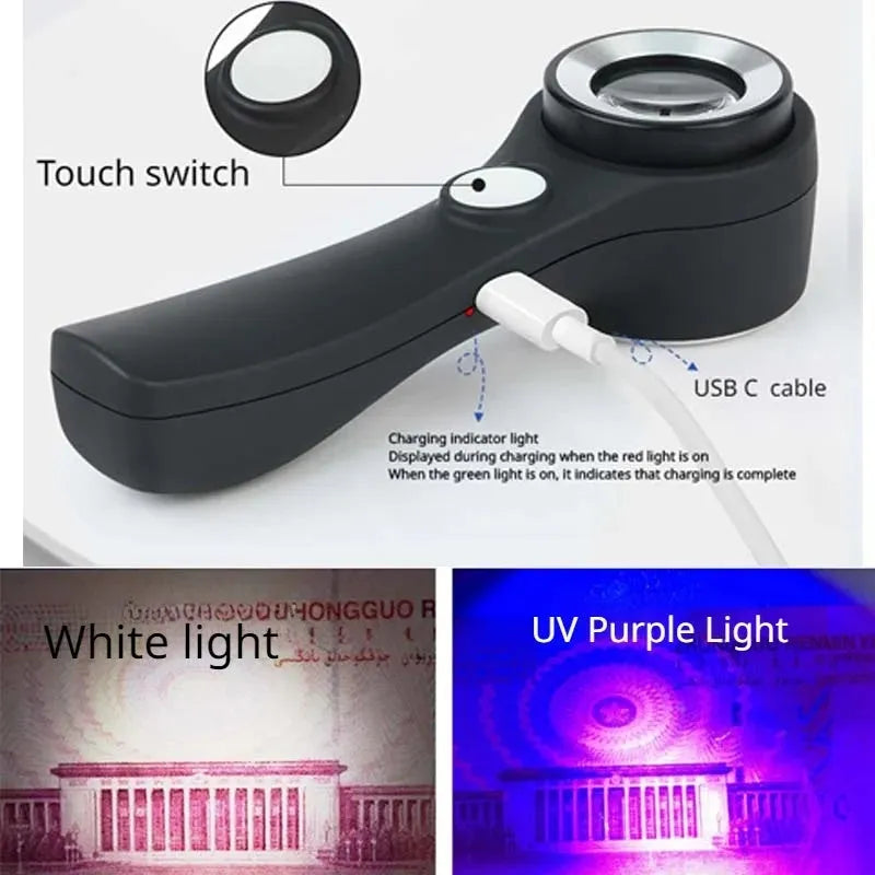 Black and silver electronic magnifying glass for jewellery appraisal with 30X lens and USB C cable.