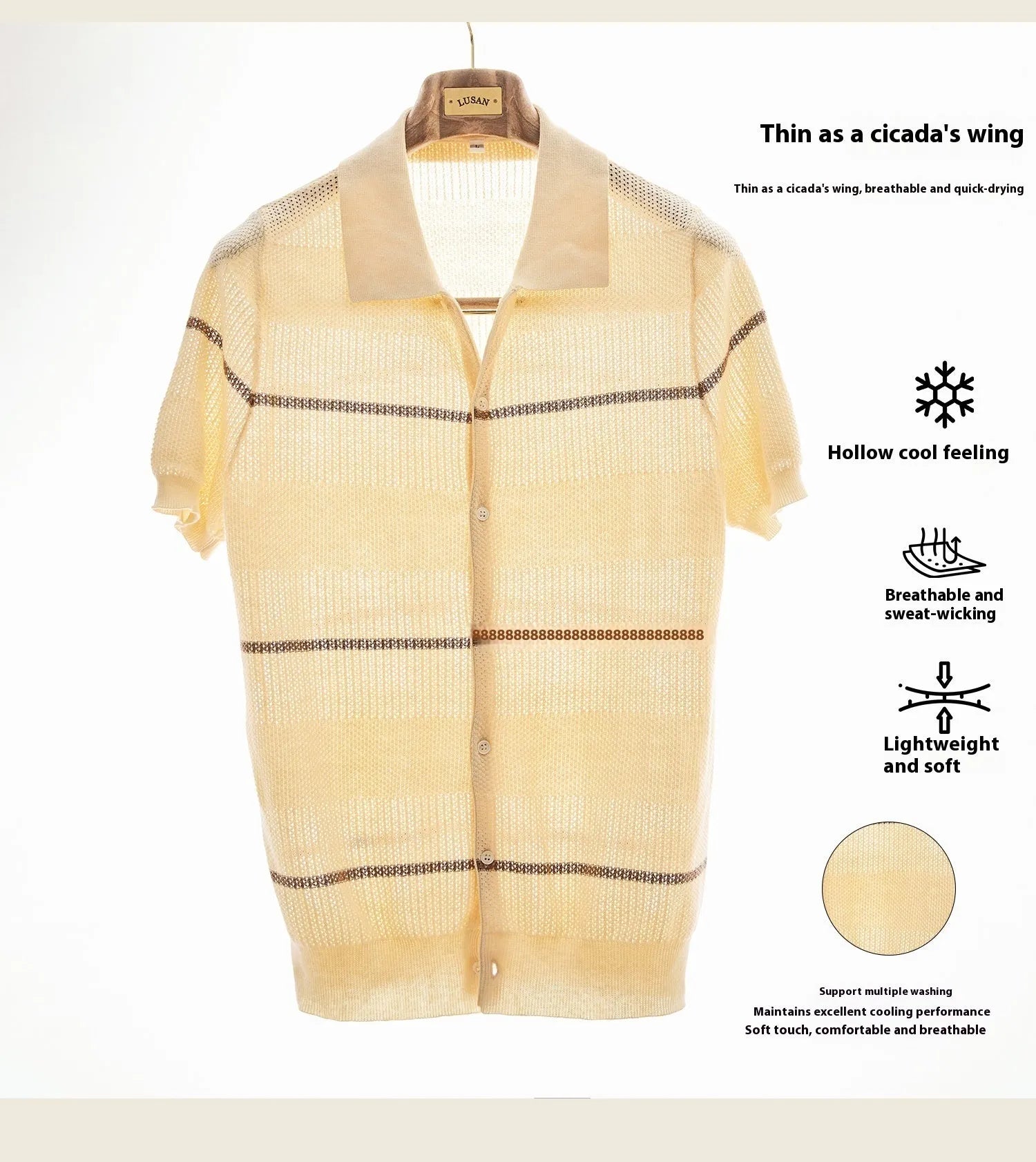 Women's short sleeve knitted cardigan with lapel collar in linen cotton blend fabric