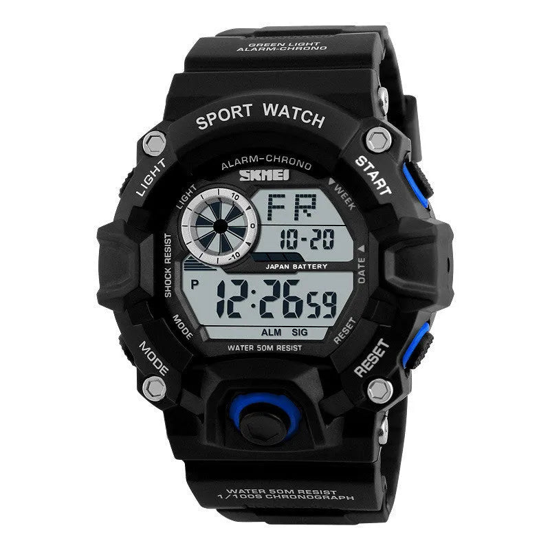 Waterproof sports electronic watch with round dial and plastic strap in multiple colour options