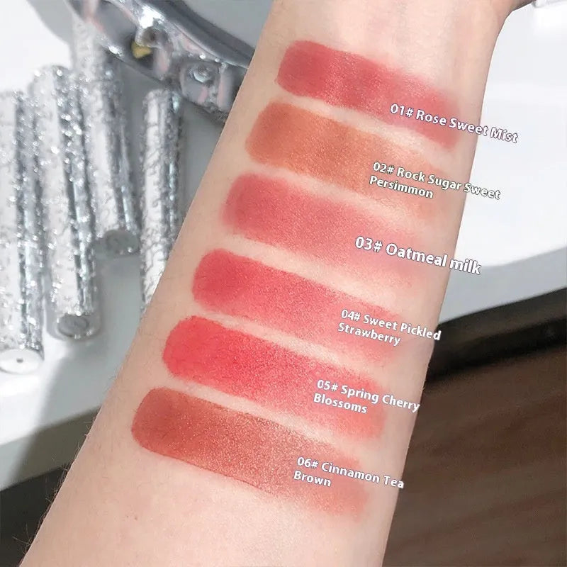 Velvet Mist Lip Mud Matte White Lipstick in six waterproof shades with complexion improvement properties