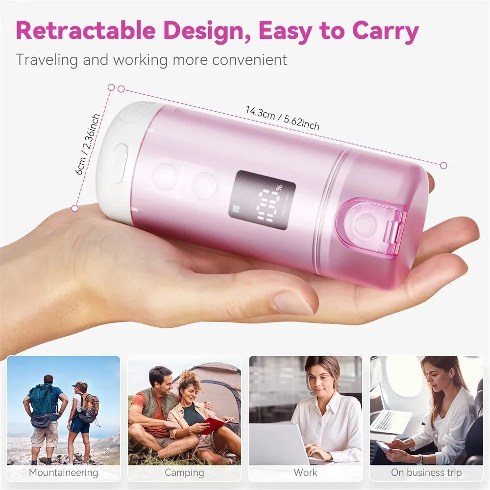 Portable electric oral irrigator in White+Purple with 250ml cup, LED screen, and Type-C charging port on a storage base