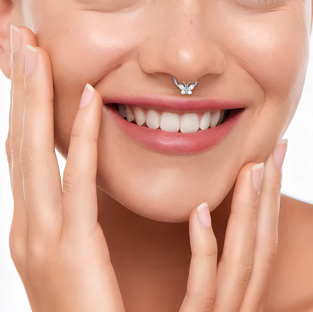 Titanium alloy labret nose ring with inlaid butterfly zircon on a closed ring stud, gold white colour, unisex bow shape