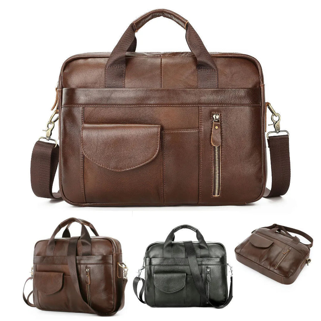 Men's leather cross-body briefcase, 10 inch vertical square first layer cowhide bag with zip, black and brown