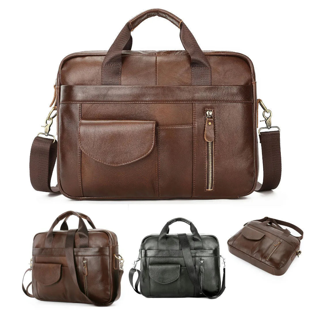 Men's leather cross-body briefcase, 10 inch vertical square first layer cowhide bag with zip, black and brown