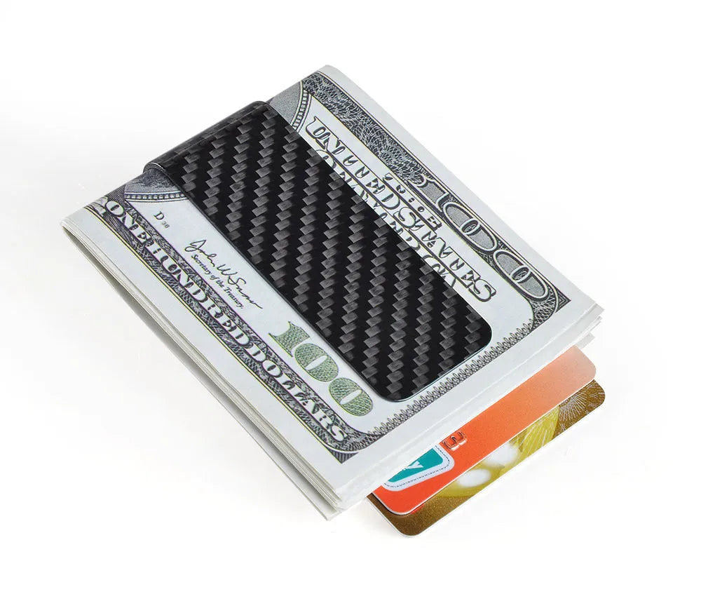 Black carbon fiber money clip with glossy striped surface, 7.1cm high, 2.8cm long, 1.3cm wide