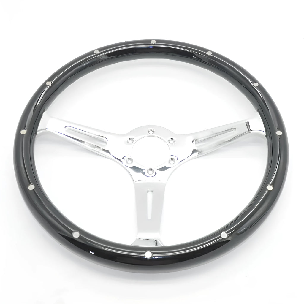 Black 15-inch peach wood car steering wheel with a bright electroplated centre and 6-hole bolt pattern.