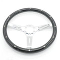 Black 15-inch peach wood car steering wheel with a bright electroplated centre and 6-hole bolt pattern.